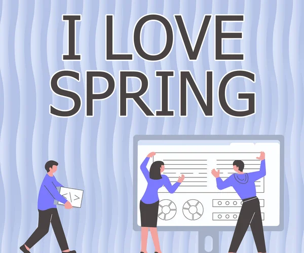 Text, der Inspiration zeigt I Love Spring. Geschäftsidee erklärt, warum eine starke Zuneigung zu dieser Saison Kollegen Zeichnung Stehend neben Tabelle Projektionsdiagramm — Stockfoto