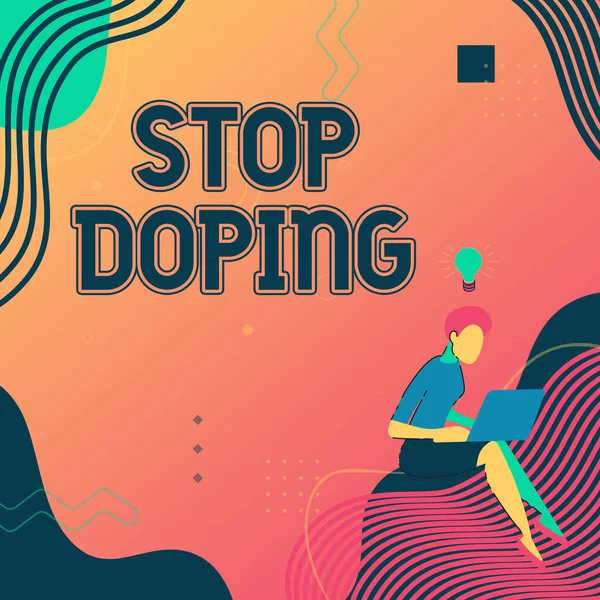 Podpis tekstowy przedstawiający Stop Doping. Biznes showcase zaprzestać korzystania z zakazanych sportowców zwiększających wydajność narkotykówKobieta siedzi z laptopem Aktywnie osiągając pracę z nowych myśli. — Zdjęcie stockowe