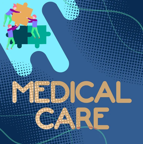 Sign displaying Medical Care. Business showcase the professional attention of medical practitioners in health Team Holding Jigsaw Pieces Helping Each Others To Solve The Problem. — Stock Photo, Image