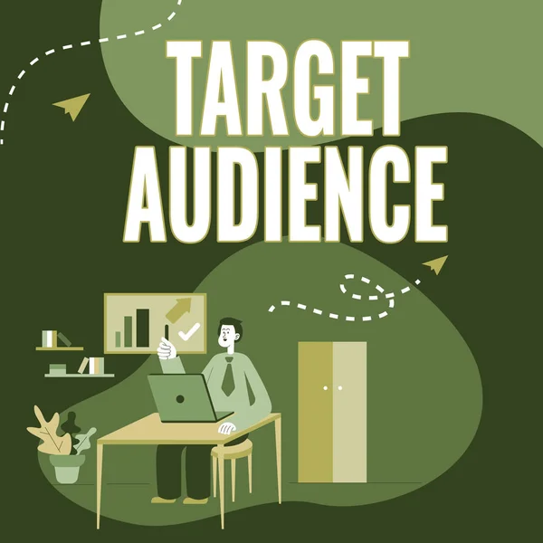 Κείμενο που δείχνει έμπνευση Target Audience. Έννοια Διαδικτύου που αναγνωρίζεται ως ο προβλεπόμενος παραλήπτης ενός διαφημιστή που κάθεται στο γραφείο εργασίας και παρουσιάζει τις νέες τεχνολογίες. — Φωτογραφία Αρχείου