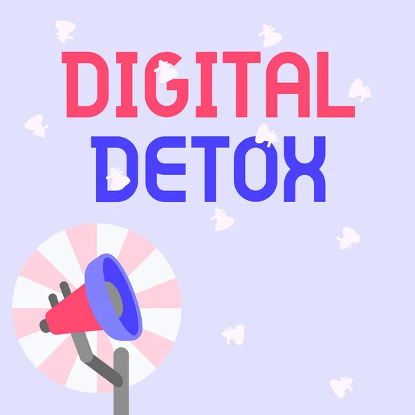Conceptuele weergave Digitale Detox. Woord voor het verbieden van het gebruik van elektronische en digitale apparaten Illustratie van Pole Megaphone With Sun Raises Aankondigingen. — Stockfoto