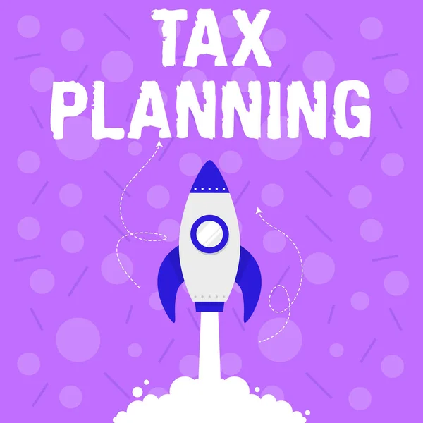 テキスト税務計画を表示する書き込み。財務収支の分析と事業計画の立案を意味する概念ロケット船のイラスト宇宙空間までの高速打ち上げ. — ストック写真