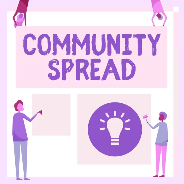 Text sign showing Community Spread. Internet Concept dissemination of a highlycontagious disease within the local area Four Colleagues Drawing Standing Holding Different Sized Blank Sheet. — Stock Photo, Image