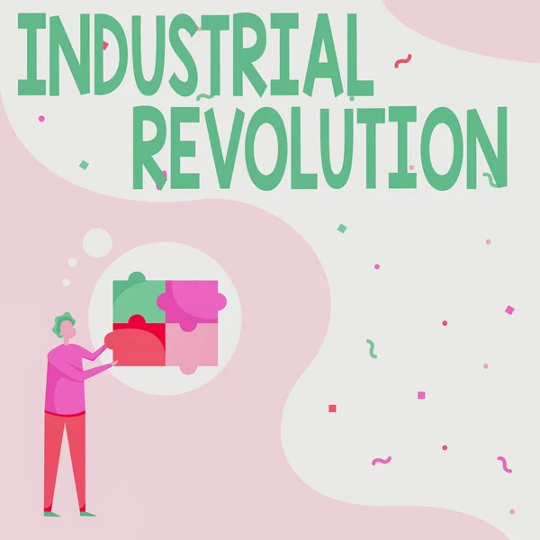 Conceptuele weergave Industriële Revolutie. Woord voor veranderingen in productie en transport goederen Man Drawing Standing Fitting Four Jigsaw Puzzle Pieces. — Stockfoto