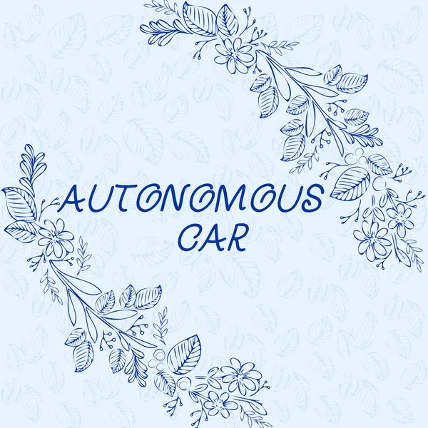 Conceptuele weergave Autonome auto. Internet Concept voertuig dat zich kan begeleiden zonder menselijke geleiding Blanco Frame versierd met abstracte gemoderniseerde vormen bloemen en gebladerte. — Stockfoto
