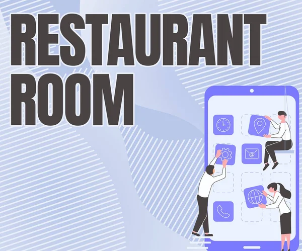 レストランルームを示すテキスト記号。調理され、提供される食事を座って食べるために支払うことを示すビジネスコンセプトSを運ぶ3人の同僚モバイルアプリケーションを飾る. — ストック写真