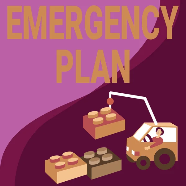 Writing displaying text Emergency Plan. Conceptual photo instructions that outlines what workers should do in danger Man In Crane Moving Around Blocks Presenting New Ideas.
