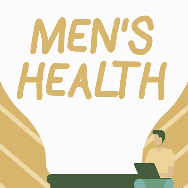 Podpis koncepcyjny Mens Health. Biznes showcase stan kompletnego i społecznego samopoczucia doświadczonych przez mężczyzn gentleman siedzi i za pomocą laptopa obok dużej żarówki. — Zdjęcie stockowe