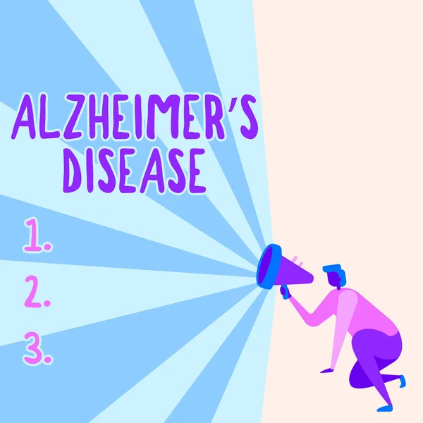 Konceptualny pokaz choroby Alzheimera. Podejście biznesowe nieodwracalne zaburzenie mózgu, które powoli niszczy pamięć Ilustracja osoby klęczącej przy użyciu megafonu Dokonywanie nowego ogłoszenia. — Zdjęcie stockowe