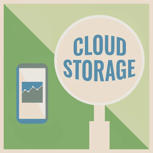 Conceptual display Cloud Storage. Concept meaning computing connect devices to cloud data on remote storage Illustration Of Active Smartphone Beside A Large Magnifying Glass. — Stock Photo, Image