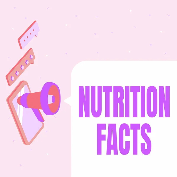 Kézírás szöveg Táplálkozási tények. Üzleti koncepció részletes információk egy élelmiszer s tápanyagtartalom pár Megafon rajz Termelési mennydörgés bejelentése. — Stock Fotó
