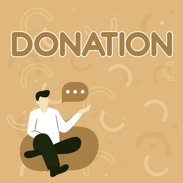 Text som visar inspiration Donation. Word Skrivet om något som ges till en välgörenhet, särskilt en summa pengar Illustration av affärsman sitter på mjuk soffa stol talar. — Stockfoto