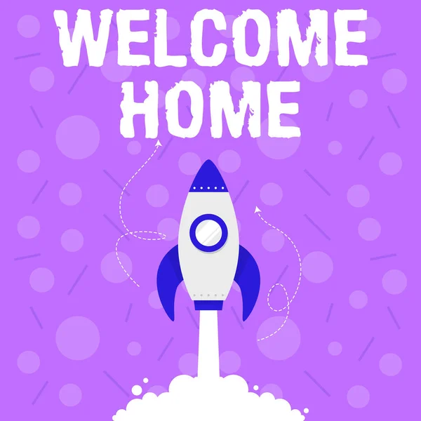 インスピレーションを示すテキスト｜Welcome Home.甘くて、ポジティブで、やる気があり、感動的な住宅温暖化の挨拶を意味するコンセプトロケット船のイラストが宇宙空間まで素早く打ち上げ — ストック写真