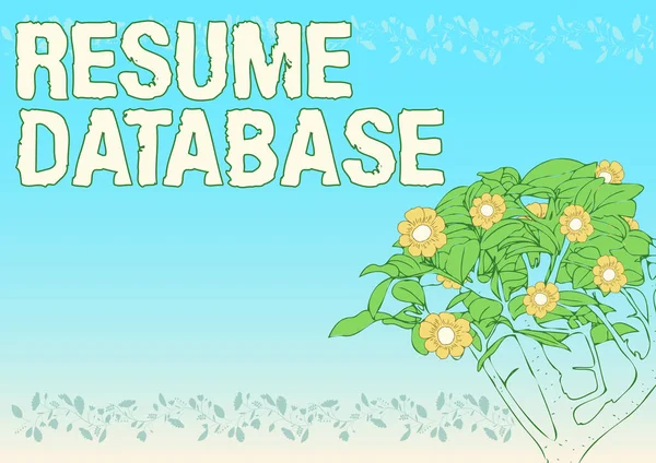 Zeichen zur Anzeige der Resume Database. Konzept bedeutet Datenbank der Kandidaten, die Sie durch geschickte Blank Frame Dekoriert mit abstrakten modernisierten Formen Blumen und Laub suchen können. — Stockfoto