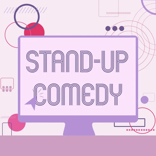 Text sign showing Stand up Comedy. Internet Concept a comic style where a comedian recites humorous stories Illustration Of Cursor In Blank Screen Monitor Searching Ideas.