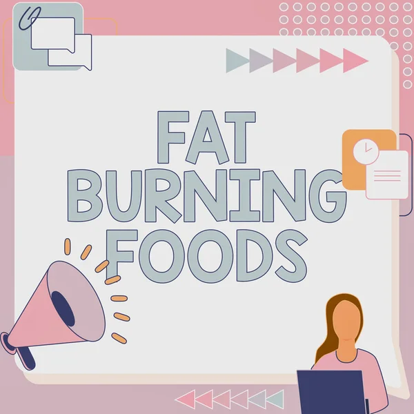 SMS-jel, ami a Fat Burning Foods-ot mutatja. Koncepcionális fotó termel zsírégetést serkenti az anyagcserét, hogy csökkentse az étvágyat Női Rajz Ülés Munka mellett Megafon Így új közlemény — Stock Fotó