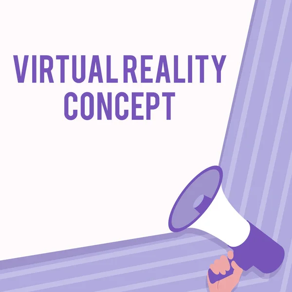 Text bildtext med Virtual Reality Concept. Affärsidé 3D futuristisk artificiell miljö med en digital skärm Illustration av Hand Holding Megaphone Making Wonderfull Tillkännagivande. — Stockfoto