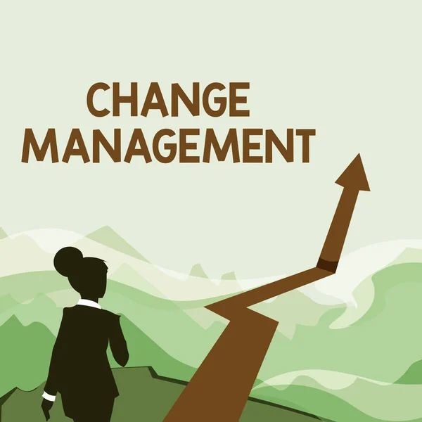 Exibição conceitual Change Management. Conceito que significa desenvolvimento dentro de uma empresa ou organização semelhante Lady Walking Towards Mountains With An Arrow Marking Success — Fotografia de Stock