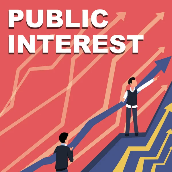 显示公众兴趣的签名。互联网概念一般公众和社会的福利和福利引导两个合作的商人制定更好的财政计划. — 图库照片