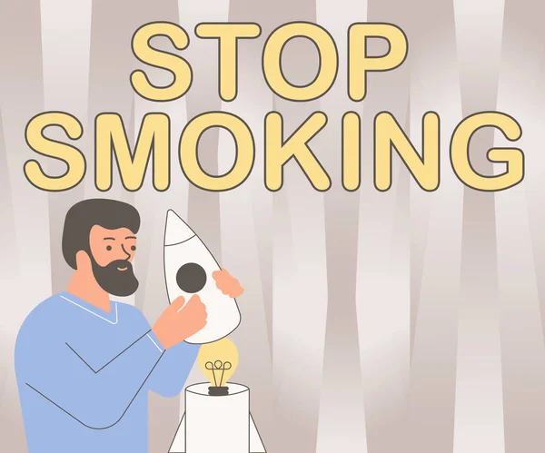 Text sign showing Stop Smoking. Business overview the process of discontinuing or quitting tobacco smoking Illsutration Of Man Holding Rocketship Discovered Ideas Inside.