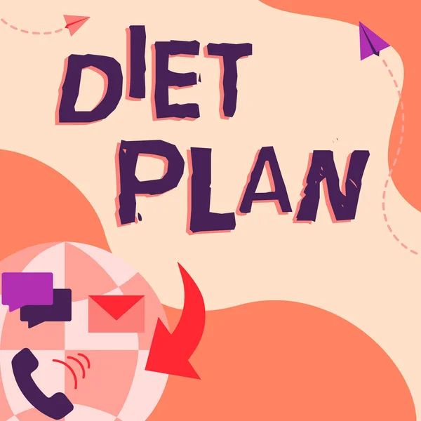 Text som visar inspiration Diet Plan. Begreppet betyder mängd mat planeras för att uppnå en specifik vikt Internet Network Ritning med färgglada meddelanden S. — Stockfoto