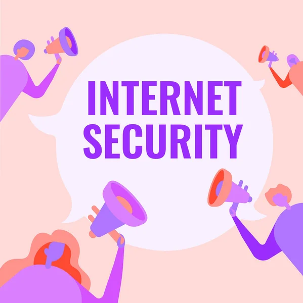 Konzeptionelle Anzeige Internet Security. Schaufensterprozess zum Schutz vor Angriffen über das Internet Menschen, die ihre Megaphone halten und miteinander reden. — Stockfoto