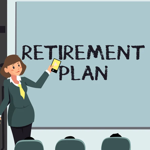 Podpis tekstowy przedstawiający plan emerytalny. Konceptualny plan odkładania pieniędzy po przejściu na emeryturę Kobieta trzymająca zdalne sterowanie Prezentacja najnowszych pomysłów na ekranie tła. — Zdjęcie stockowe
