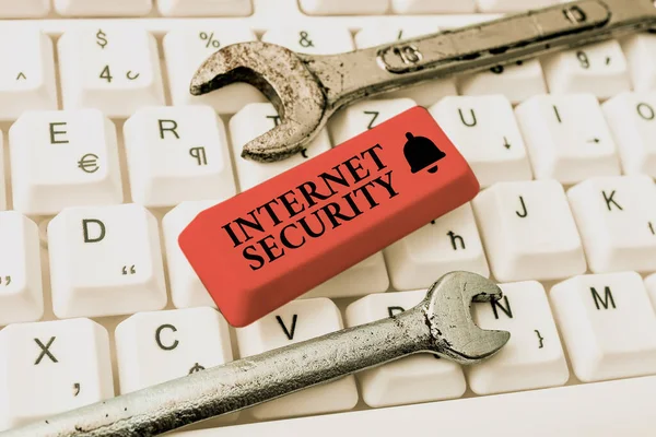 Text showing inspiration Internet Security. Business showcase process to protect against attacks over the Internet Editing New Story Title, Typing Online Presentation Prompter Notes — Stock Photo, Image