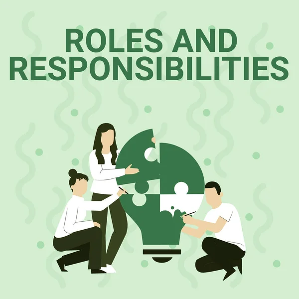 Conceptual caption Roles And Responsibilities. Business overview Business functions and professional duties Employee Drawing Helping Each Other Building Light Bulb Jigsaw Puzzle.