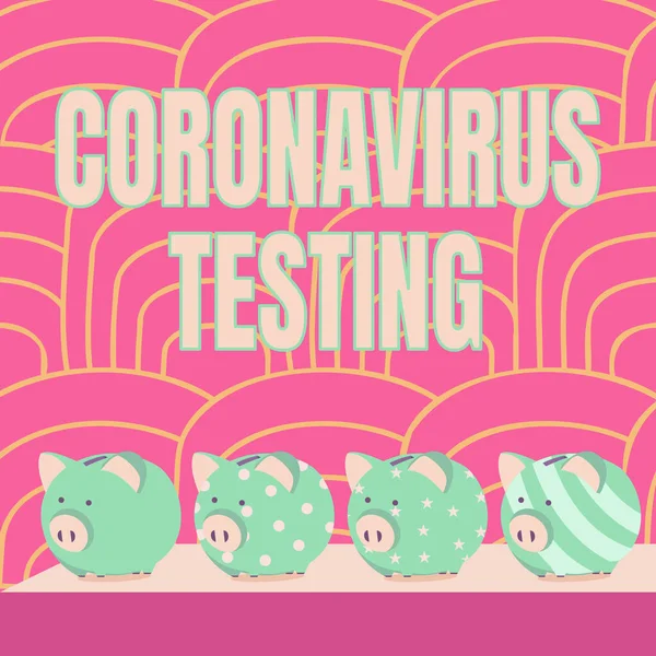 Текст, що показує натхнення для тестування на коронавірус. Концепція бізнесу Збірка зразків від життєздатного пацієнта для ідентифікації SARSCoV2 Multiple Piggy Bank Малювання на столі зі смугастим тлом . — стокове фото