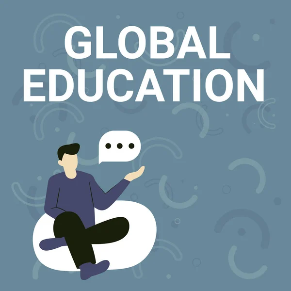 Writing displaying text Global Education. Word for interdisciplinary approach to learning concepts necessary Illustration Of Businessman Sitting On Soft Sofa Chair Talking.
