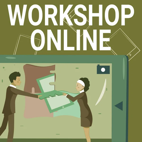 Inspiration showing sign Workshop Online. Word for group of showing engaged in intensive discussion and activity Συνάδελφοι Οικοδόμηση νέων σχεδίων. — Φωτογραφία Αρχείου