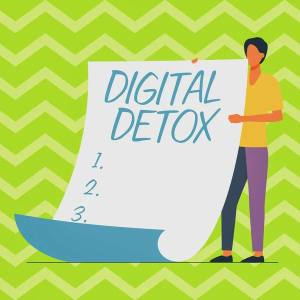 El yazısı işareti Dijital Detox. Elektronik ve dijital cihazların kullanımını yasaklayan iş fikri Yeni Anlamı ve Mesajı Gösteren Büyük Boş Kağıt Tutan Adam.