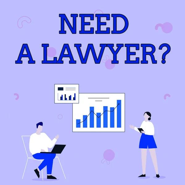 Inspiration showing sign Need A Lawyer Question. Business approach asking someone who need a legal issues and disputes Man Using Laptop And Girl Standing Sharing Ideas For Improvement. — Stock Photo, Image