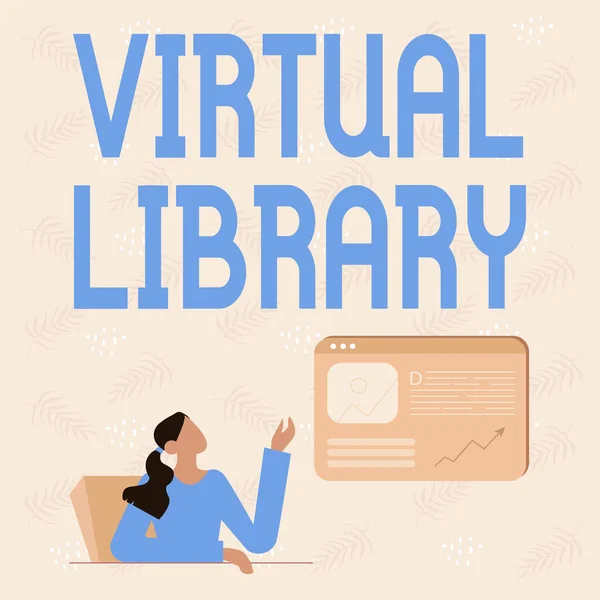 Text care prezintă Biblioteca Virtuală. Colectarea resurselor disponibile pe sistemele informatice Linie de desen pentru Lady Sitting Prezentarea de idei noi cu ecran de browser web — Fotografie, imagine de stoc