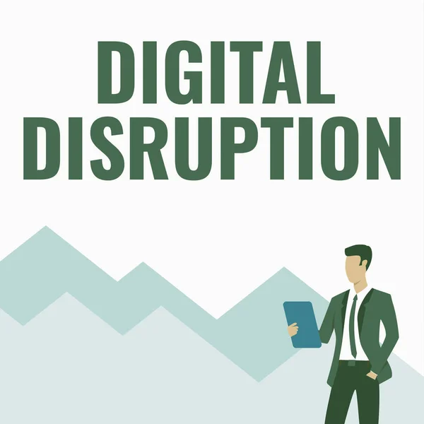 Text caption presenting Digital Disruption. Business idea occur when technologies affect value proposition of goods Man In Uniform One Hand In Pocket Standing Holding Computer Tablet.