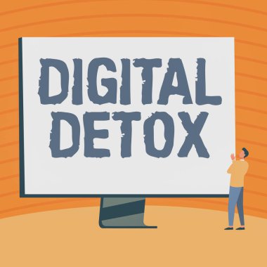 Dijital Detox 'u gösteren bir tabela. Elektronik ve dijital aygıtların kullanımını yasaklayan kavram. Büyük Ekran Görüntüleme 'ye Bakan Adam Çiziyor..