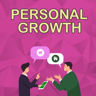 Kişisel Büyümeyi gösteren bir tabela. İki Erkek Meslektaşın Konuşma Baloncuklarıyla Düşüncelerini Paylaşması Hakkında Devam eden Anlatım ve Geliştirme Süreci Hakkında Yazılmıştır