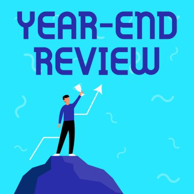 Yıl sonu incelemesini göster. İnternet Konsepti Başarı ve Hedef Geliştirme Değerlendirmesi İş Adamı Çizim Büyük Kayanın Üzerinde Gururla Duruyor.