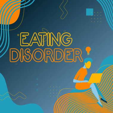 Yeme Bozukluğu sunan metin başlığı. Kavramsal fotoğraf hastalıkları ya da yeme alışkanlıklarında ciddi rahatsızlıklar. Dizüstü bilgisayarlı Kadın Yeni Düşüncelerden Çalışmaya Başlıyor..