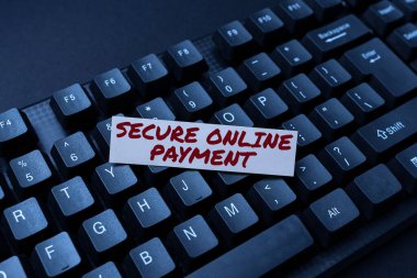 El yazısı metin Güvenli Çevrimiçi Ödeme. İşletme fikri güvenli dijital teknoloji elektronik havale Sosyal Medya Yorum Mesajı yaratma, Eğlence Soruları ve Cevaplar Yazma