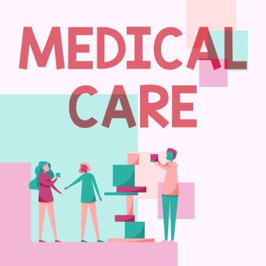 İlham, tıbbi bakım işaretini gösteriyor. İş yaklaşımı, sağlık pratisyenlerinin profesyonel ilgisidir. Üç meslektaşın birbirine bina bloklarıyla yardım etmesi.