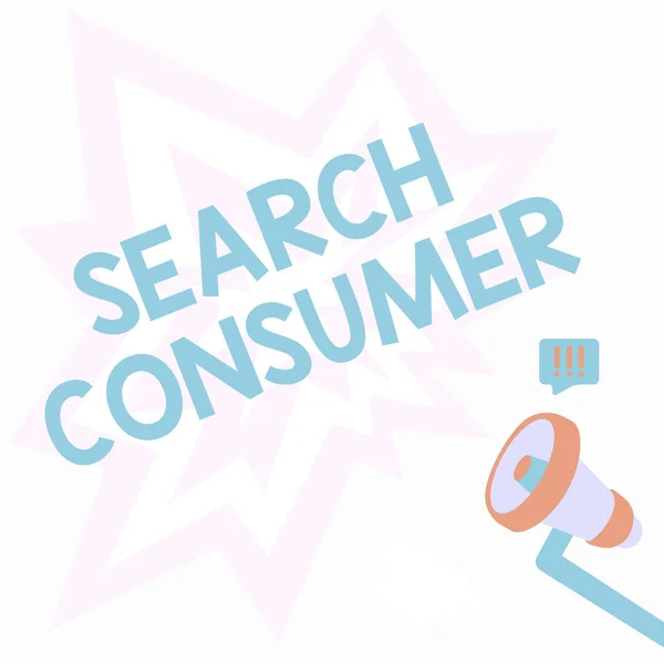 検索消費者を示すテキストキャプション。研究のための単語消費者の好みや市場での行動｜メガホンdeライトニング波の音で描く大声で発表. — ストック写真