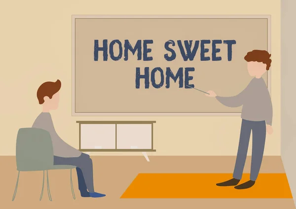 Konceptvisning Home Sweet Home. Internet Concept Välkommen tillbaka behaglig varm, lättnad, och glada hälsningar Lärare och student Ritning Ha klass privat inne i ett klassrum. — Stockfoto