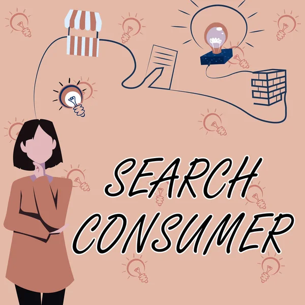 概念的なキャプション検索消費者。市場における消費者の嗜好や行動に関する研究に関する言葉女性の革新的な思考安定した未来へのアイデア. — ストック写真