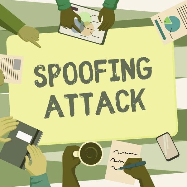 Text sign showing Spoofing Attack. Business concept impersonation of a user, device or client on the Internet Colleagues Office Meeting Having Coffee Discussing Future Projects Charts. — Stock Photo, Image