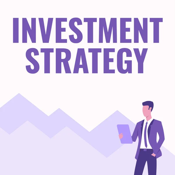 Handwriting text Investment Strategy. Word for what guides an investor decision based on goals risk etc Man In Uniform One Hand In Pocket Standing Holding Computer Tablet. — Stock Photo, Image