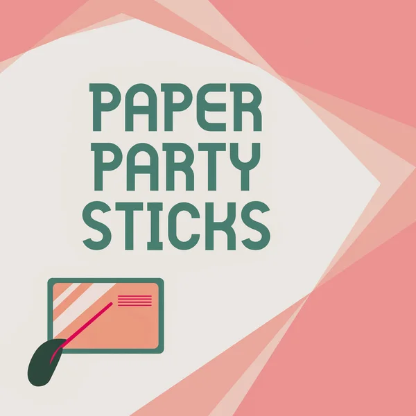 Tekst bijschrift presenteren Paper Party Sticks. Word Written on hard painted paper shaped used for signs and emoji Card Drawing With Hand Pointing Stick At Small Details. — Stockfoto