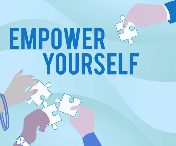 Koncepcionális megjelenítés Empower Yourself. Internet Concept ad neked a hatalom, hogy átvegye az irányítást a saját sorsát Illusztráció a kezét tartja kirakós darabok segítik egymást. — Stock Fotó