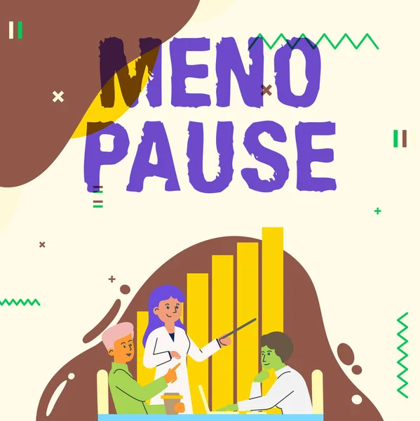 Pokaz koncepcyjny Meno Pause. Koncepcja oznacza proces, w którym kobieta przestaje być płodna lub miesiączkować Lady Drawing wyjaśniając koledze z zespołu etapy procesu. — Zdjęcie stockowe